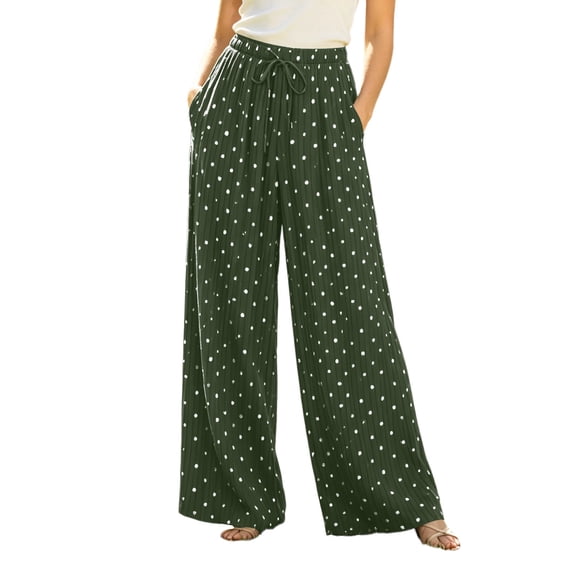 Yutgune Women's Polka Dot Wide Leg Pants Drawstring Casual Palazzo Beach Trousers with Pockets