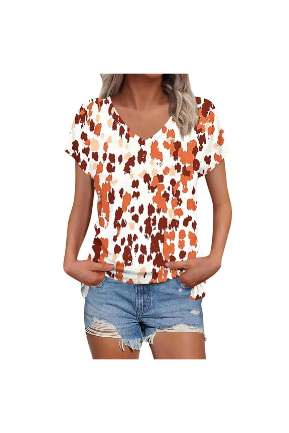 Women's Print V-Neck T-Shirt Summer Short Sleeve Casual Top with Pattern, Summer Everyday Wear, S-3XL