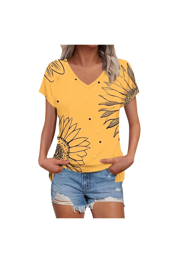 Women's Print V-Neck T-Shirt Summer Short Sleeve Casual Top with Pattern, Summer Everyday Wear, S-3XL