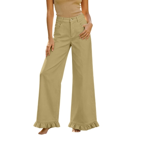 Yutgune Women's Ruffle Hem Wide Leg Pants High Waisted Casual Palazzo Trousers with Pockets