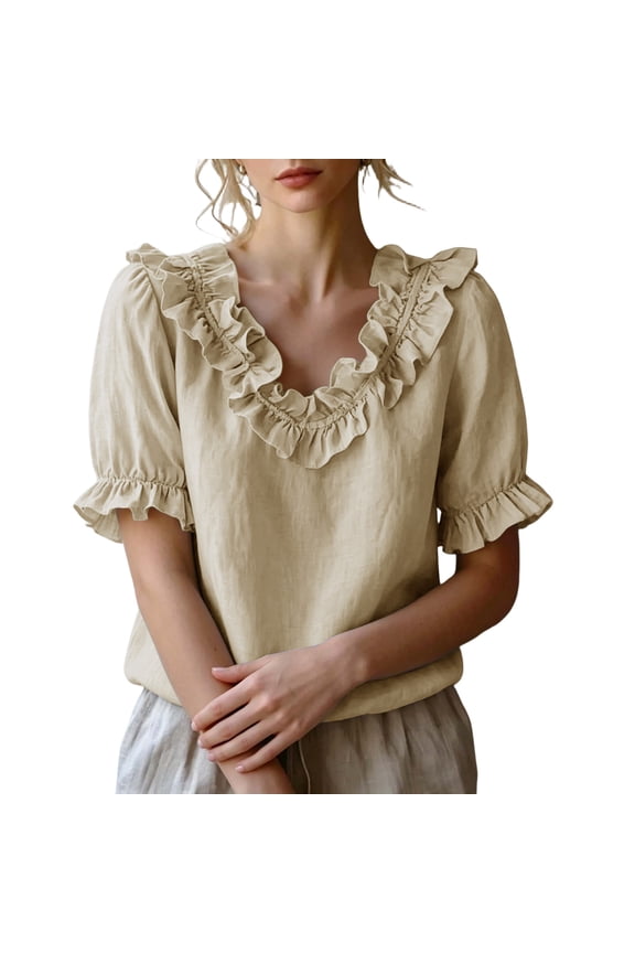 Women's Ruffle Trim V-Neck Blouse Short Puff Sleeve Solid Casual Top Elegant Summer Wear, S-2XL