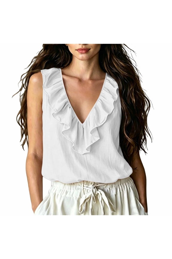 Women's Ruffle V Neck Linen Tank Top Sleeveless Casual Flowy Blouse Shirt for Summer