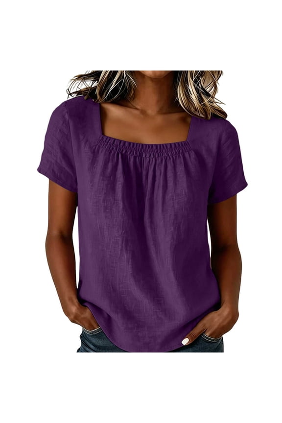Women's Square Neck Pleated Cotton Linen Top Short Sleeve Casual Blouse Summer Vacation Clothes