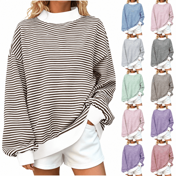 Yutgune Women's Striped Mock Neck Sweatshirt Long Sleeve Pullover Casual Relaxed Fit Top