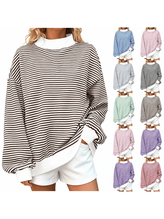 Women's Striped Mock Neck Sweatshirt Long Sleeve Pullover Casual Relaxed Fit Top