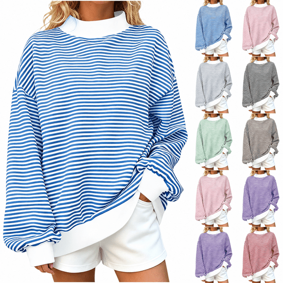 Yutgune Women's Striped Mock Neck Sweatshirt Long Sleeve Pullover Casual Relaxed Fit Top
