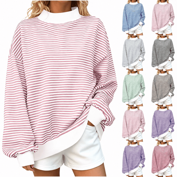 Yutgune Women's Striped Mock Neck Sweatshirt Long Sleeve Pullover Casual Relaxed Fit Top
