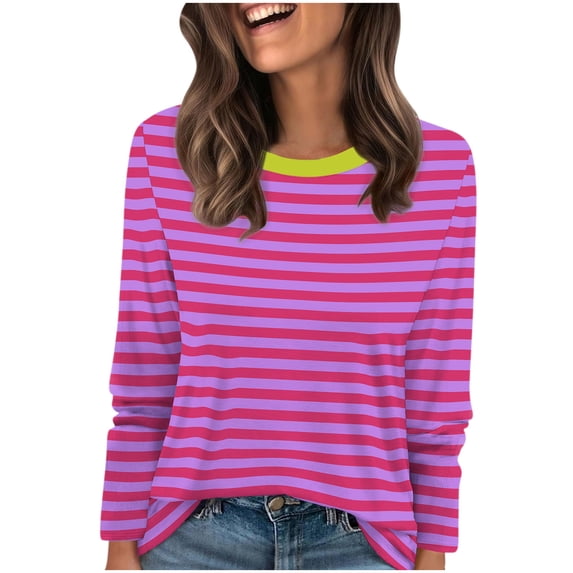 Yutgune Women's Striped Sweatshirt Crew Neck Long Sleeve Casual Pullover Fall Top