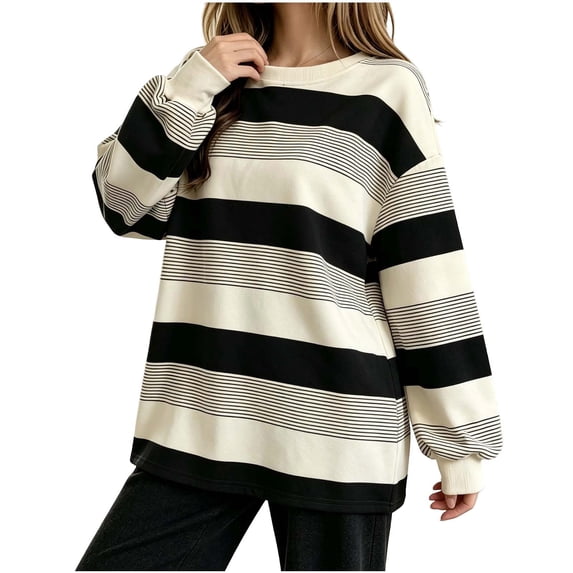 Yutgune Women's Striped Sweatshirt Crew Neck Long Sleeve Shirt Lightweight Loose Casual Top