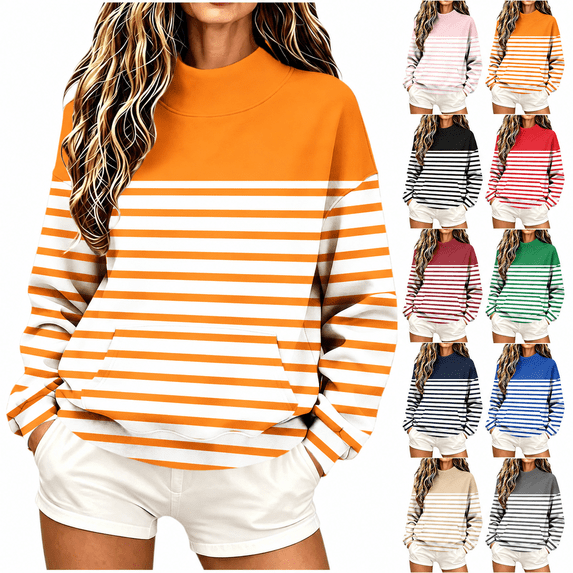 Yutgune Women's Striped Sweatshirt Long Sleeve Mock Neck Pullover Casual Relaxed Fit Top