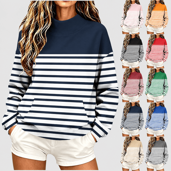 Yutgune Women's Striped Sweatshirt Long Sleeve Mock Neck Pullover Casual Relaxed Fit Top
