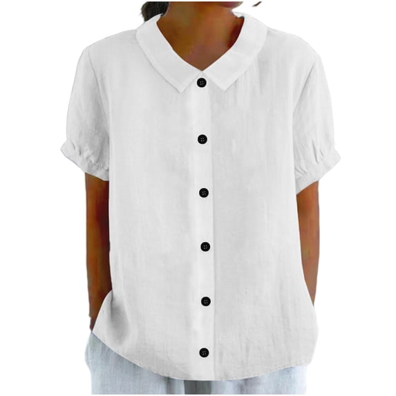 Yutgune Women's Trendy Cotton Linen Top Casual Solid Color Short-Sleeved Button-Down Blouse Collar Shirt