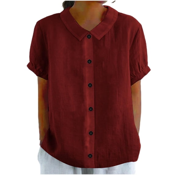 Yutgune Women's Trendy Cotton Linen Top Casual Solid Color Short-Sleeved Button-Down Blouse Collar Shirt