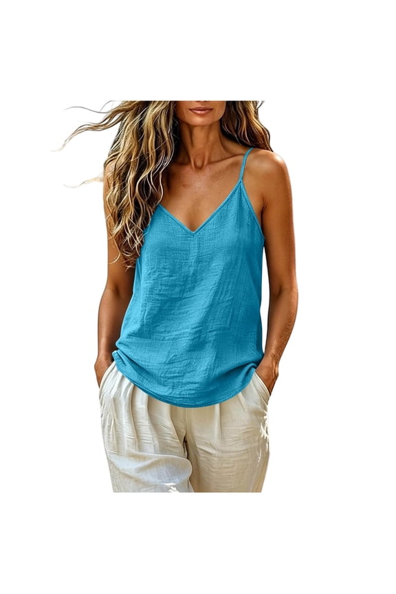 Women's V Neck Spaghetti Strap Linen Cotton Cami Top Casual Sleeveless Summer Tank Shirt