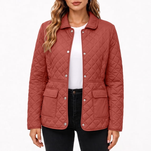 Yutgune Women's Winter Diamond Quilted Jacket Long Sleeve Button Lapel Collar Waist Drawstring Outerwear Coat with Pockets