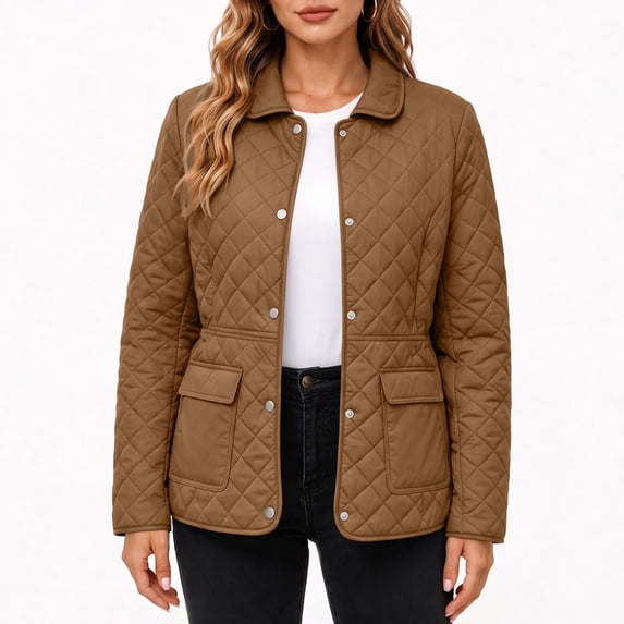 Yutgune Women's Winter Diamond Quilted Jacket Long Sleeve Button Lapel Collar Waist Drawstring Outerwear Coat with Pockets