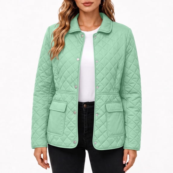 Yutgune Women's Winter Diamond Quilted Jacket Long Sleeve Button Lapel Collar Waist Drawstring Outerwear Coat with Pockets