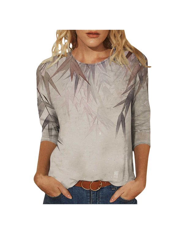 Womens 3/4 Sleeve Shirts Crew Neck Boho Leaf Print Casual Loose Fit T Shirts Botanical Tunic Tops Blouses