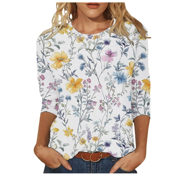 Yutgune Womens 3/4 Sleeve T-Shirt Crew Neck Floral Pattern Casual Loose Fit