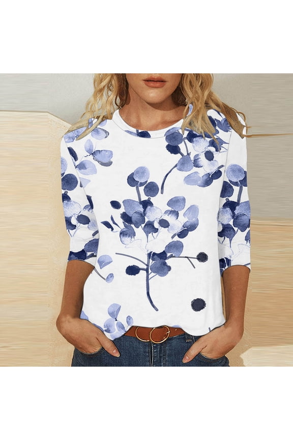 Womens 3/4 Sleeve T-Shirt Crew Neck Floral Pattern Casual Loose Fit