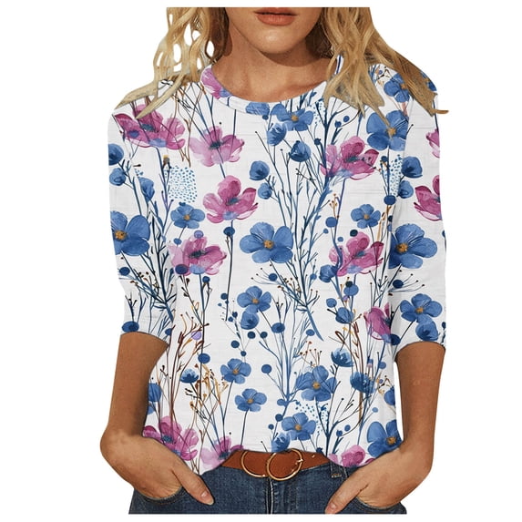 Yutgune Womens 3/4 Sleeve T-Shirt Crew Neck Floral Pattern Casual Loose Fit