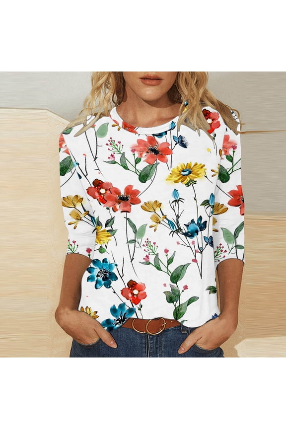 Womens 3/4 Sleeve T-Shirt Crew Neck Floral Pattern Casual Loose Fit