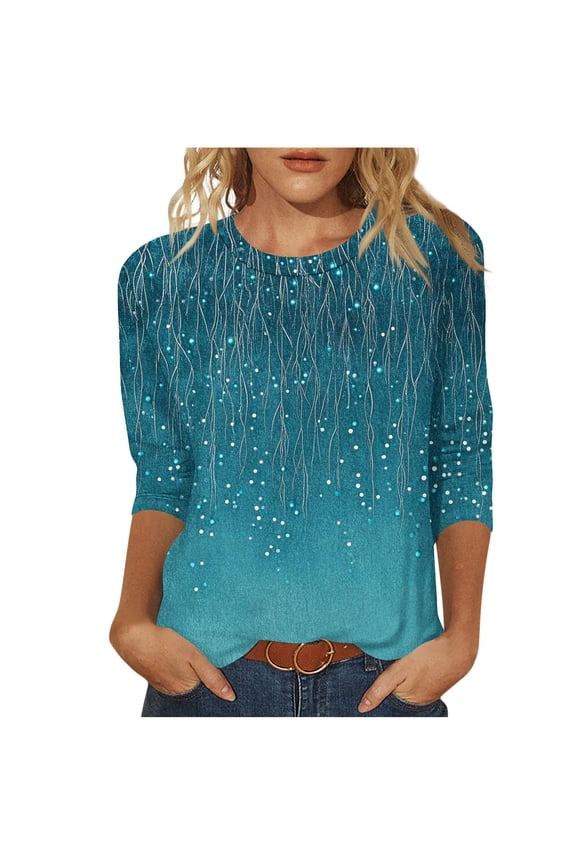 Womens 3/4 Sleeve T-Shirt Crew Neck Floral Print Casual Loose Fit