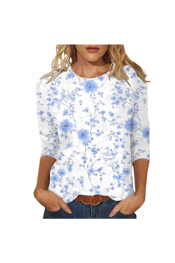 Womens 3/4 Sleeve T-Shirt Crew Neck Printed Floral Casual Loose Fit Soft Lightweight Tunic Summer Everyday Wear