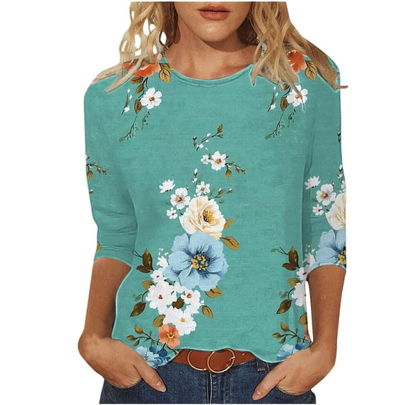 Yutgune Womens 3/4 Sleeve T-Shirt Crew Neck Printed Floral Casual Loose Fit Soft Lightweight Tunic Summer Everyday Wear