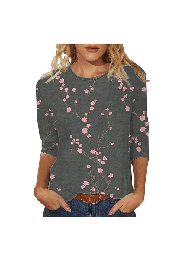 Womens 3/4 Sleeve T-Shirt Crew Neck Printed Floral Casual Loose Fit Soft Lightweight Tunic Summer Everyday Wear
