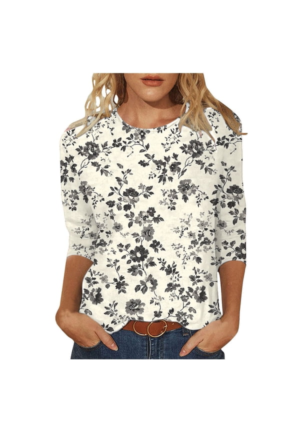Womens 3/4 Sleeve T-Shirt Crew Neck Printed Floral Casual Loose Fit Soft Lightweight Tunic Summer Everyday Wear