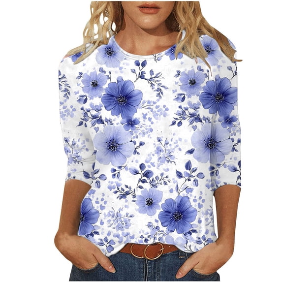 Yutgune Womens 3/4 Sleeve T-Shirt Crew Neck Printed Floral Casual Loose Fit Soft Lightweight Tunic Summer Everyday Wear