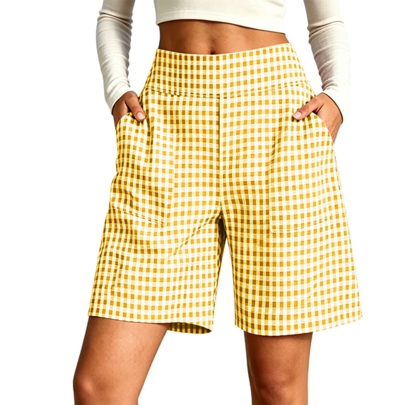 Yutgune Womens Bermuda Shorts High Waisted Elastic Back Wide Leg Plaid Summer Shorts with Pockets