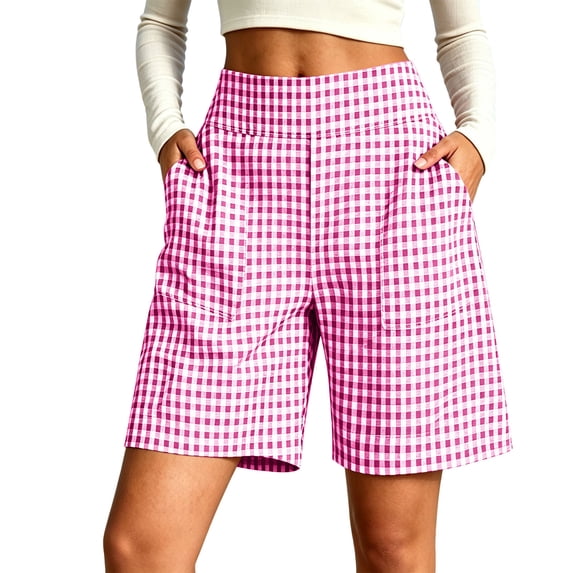 Yutgune Womens Bermuda Shorts High Waisted Elastic Back Wide Leg Plaid Summer Shorts with Pockets