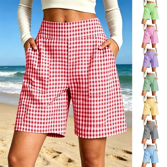 Yutgune Womens Bermuda Shorts High Waisted Elastic Back Wide Leg Plaid Summer Shorts with Pockets