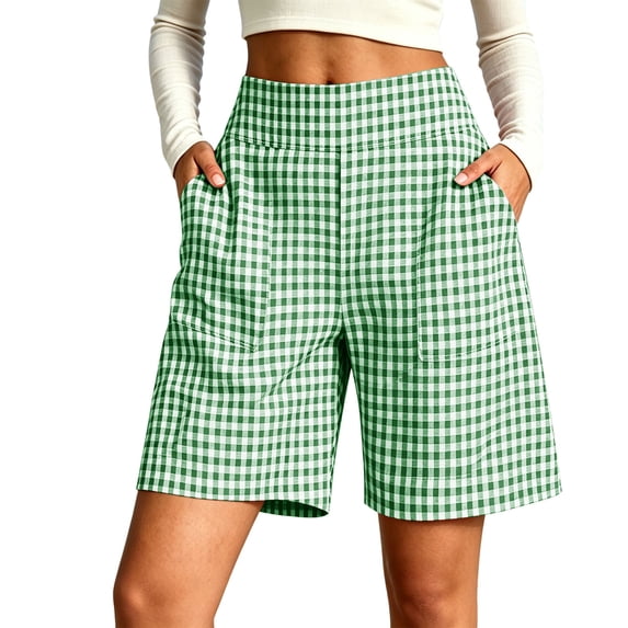 Yutgune Womens Bermuda Shorts High Waisted Elastic Back Wide Leg Plaid Summer Shorts with Pockets