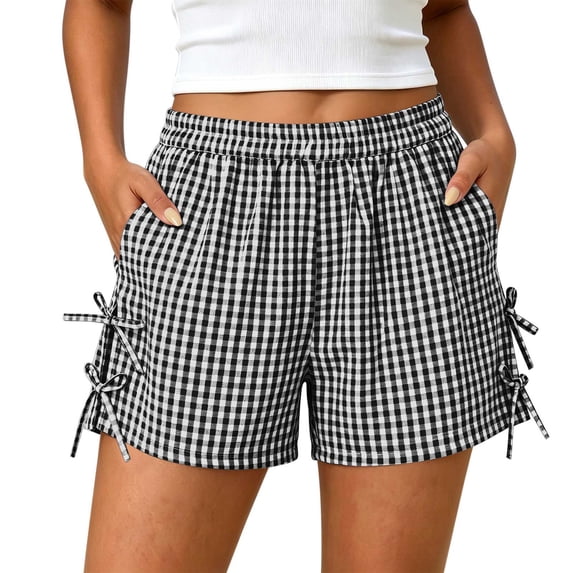 Yutgune Womens Checkered Shorts Elastic Waist Side Bow Casual Lightweight Beach Summer Shorts with Pockets
