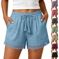 thumbnail image 1 of Yutgune Womens Cotton Linen Shorts Lace Trim Drawstring Elastic Waist Tassel Summer Beach Shorts with Pockets, 1 of 8