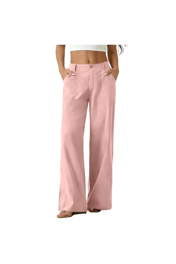 Womens Linen Wide Leg Pants Button Front High Waist Straight Leg Trousers With Pockets Summer Pants