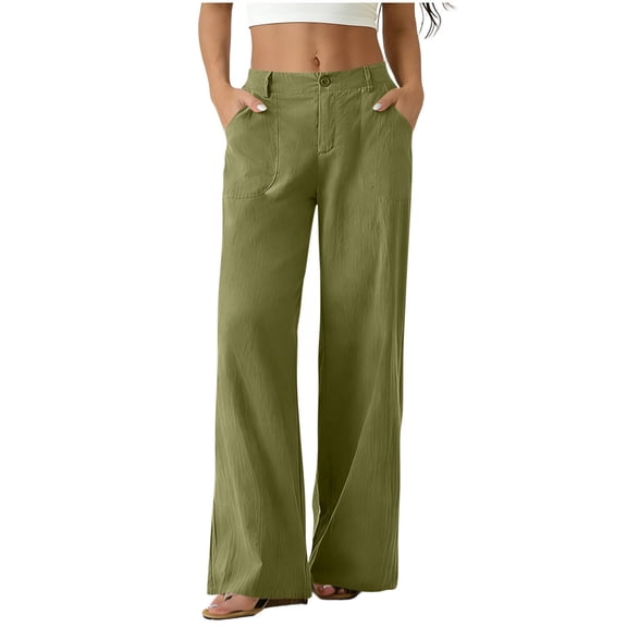Yutgune Womens Linen Wide Leg Pants Button Front High Waist Straight Leg Trousers With Pockets Summer Pants