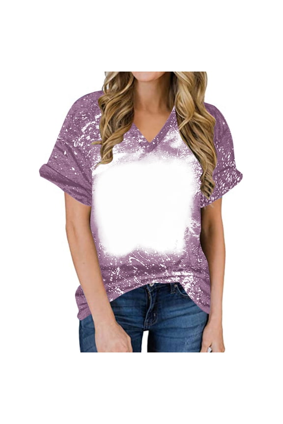 Womens Short Sleeve T-Shirt Crew Neck Bleached Sublimation Graphic Print Tee Lightweight Summer Daily Wear