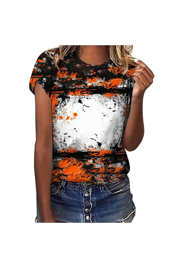 Womens Short Sleeve T-Shirt Crew Neck Bleached Sublimation Leopard Loose Fit