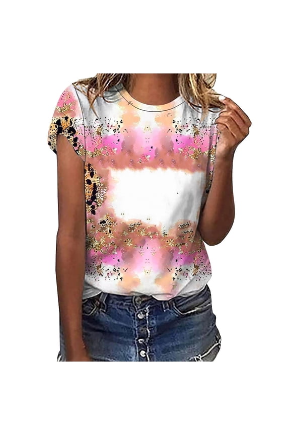 Womens Short Sleeve T-Shirt Crew Neck Bleached Sublimation Leopard Loose Fit