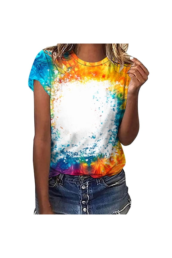 Womens Short Sleeve T-Shirt Crew Neck Bleached Sublimation Leopard Loose Fit