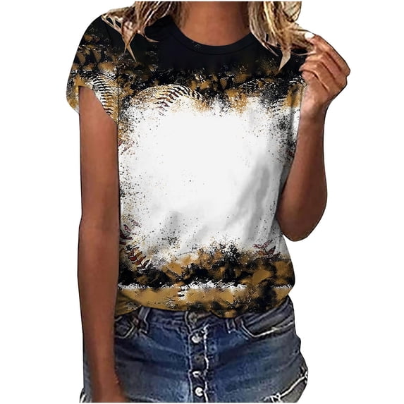 Yutgune Womens Short Sleeve T-Shirt Crew Neck Bleached Sublimation Leopard Loose Fit