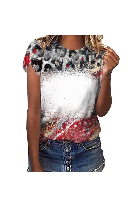 Womens Short Sleeve T-Shirt Crew Neck Bleached Sublimation Leopard Loose Fit