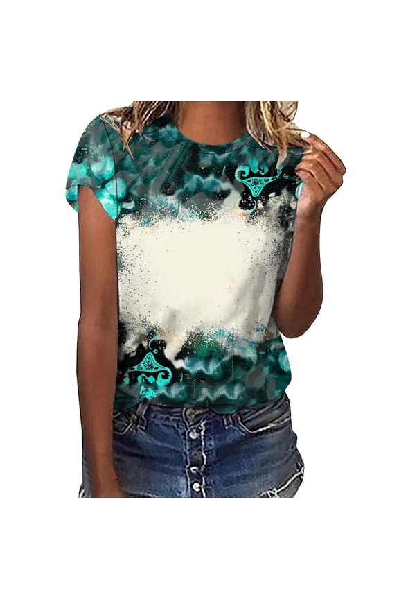 Womens Short Sleeve T-Shirt Crew Neck Bleached Sublimation Leopard Loose Fit