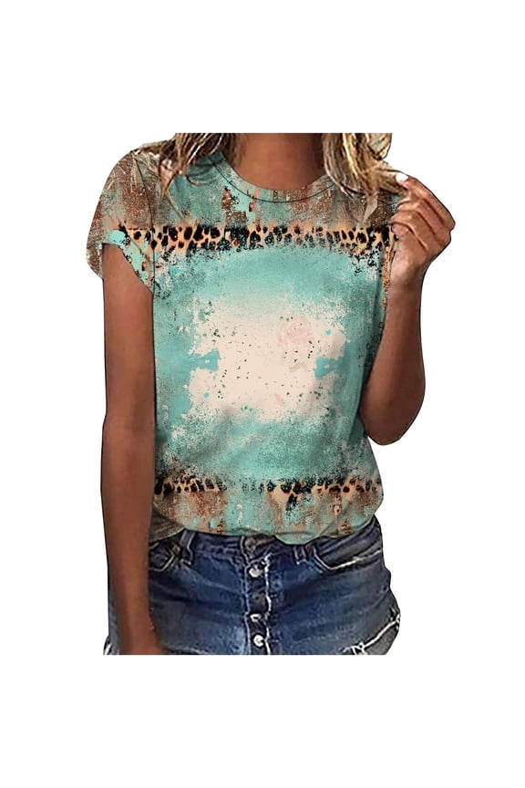 Womens Short Sleeve T-Shirt Crew Neck Bleached Sublimation Leopard Loose Fit