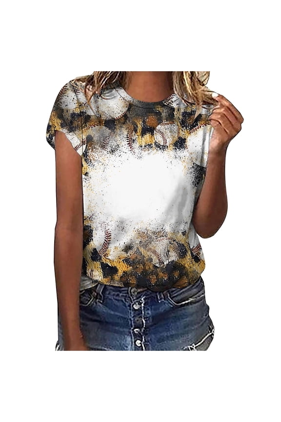 Womens Short Sleeve T-Shirt Crew Neck Bleached Sublimation Leopard Loose Fit