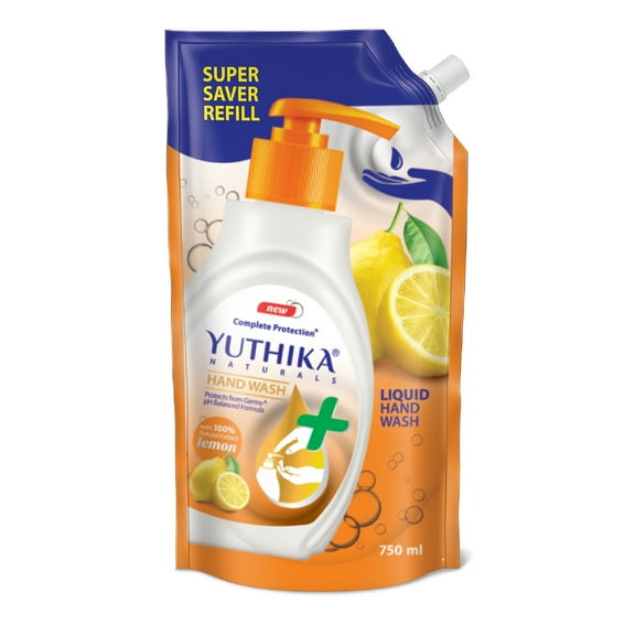 Yuthika Naturals Complete Protection Hand Wash with 100% Natural Extracts for Hand Hygiene & Germ Protection 750ml Lemon